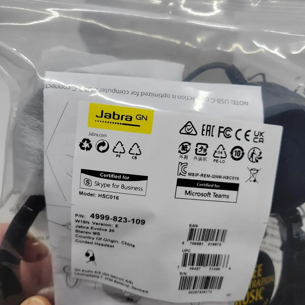 Jabra HSC016 Evolve 20 USB 2 Ear Stereo MS 4999-823-109 Corded Headset New